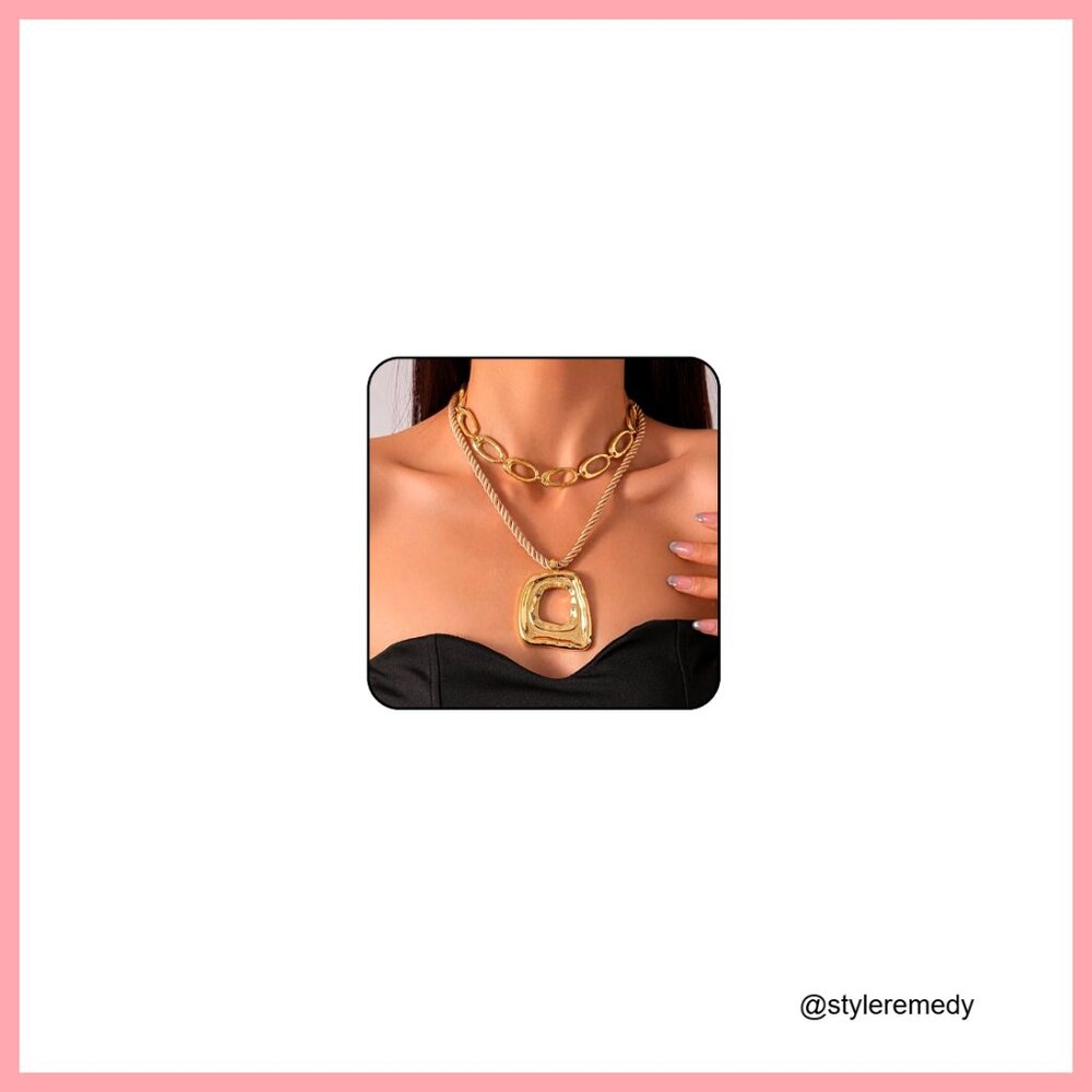 Metal Chunky Statement Necklace Stack With Pendan… - image 1